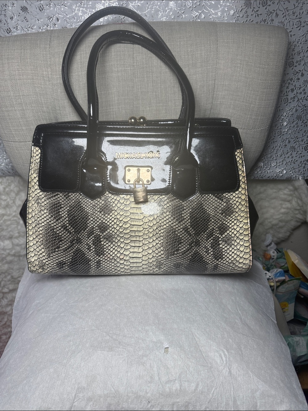 Michael Kors Black and Cream Snake-Print Satchel with Gold Hardware